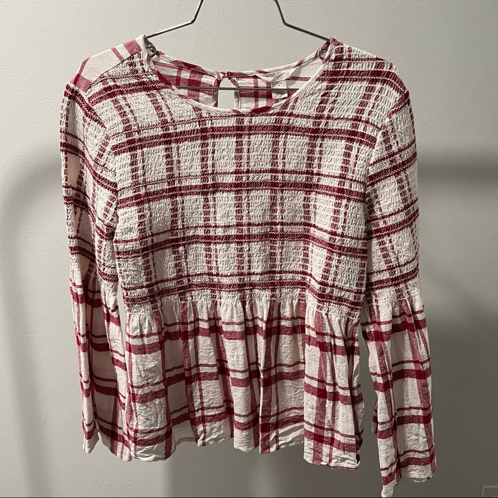Small Red and White Plaid Bell Sleeved Top